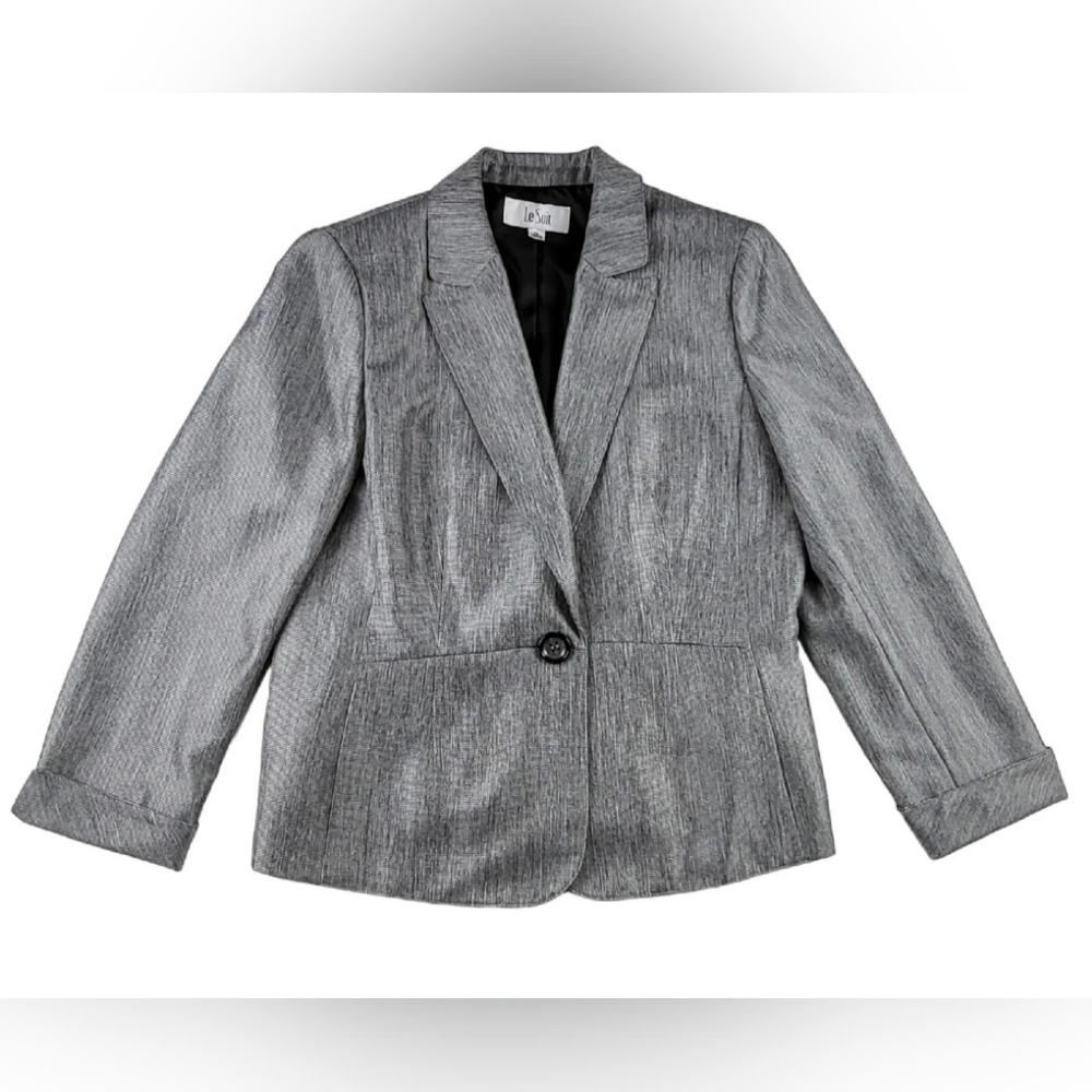 Le Suit Blazer Size 12 Shimmery Gray Lined One Button Closure